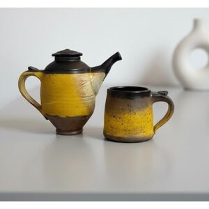 Artisan Studio Pottery Teapot and Mug Set Mustard Yellow Brown Signed Ceramics